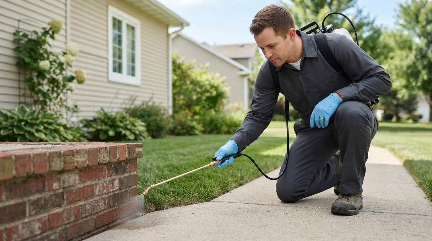 Pest control technician treating a home near East China, MI